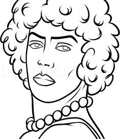 a black and white drawing of a woman's face with curly hair, wearing pearls