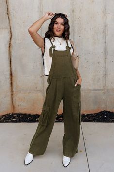 Kimberly Olive Green Cargo Jumpsuit – Lizard Thicket Spring Green Jumpsuits And Rompers With Suspenders, Khaki Solid Color Jumpsuits And Rompers, Casual Olive Jumpsuits And Rompers For Spring, Trendy Green Overall-style Jumpsuit, Khaki Utility Jumpsuits And Rompers For Summer, Casual Green Jumpsuits And Rompers With Suspenders, Spring Green Overalls With Suspenders, Chic Khaki Jumpsuits And Rompers With Pockets, Green Utility Jumpsuits And Rompers For Spring