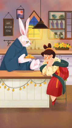 the rabbit is sitting at the kitchen counter talking to the woman in the red dress