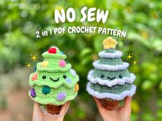 two small crocheted ice cream cones with faces on them, one is green and the other is blue