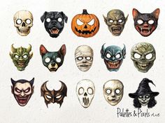 a group of halloween masks with different faces