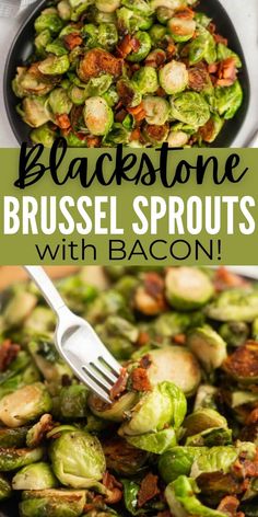 brussel sprouts with bacon in a skillet and on a plate