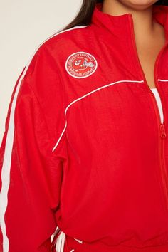 Forever 21+ - A windbreaker jacket featuring a funnel neck, contrasting piped and striped trim, front and back emblem graphics, zip - up front closure, and back "Kansas City Chiefs", "West Division", and various text. | Officially licensed product | 100% nylon | Machine wash cold | Model is 5'8" and wearing a Size 1X | Kansas City Chiefs Jacket Chiefs Jacket, Kansas City Football, Kansas City Chiefs, Funnel Neck, Windbreaker Jacket, Funnel, Kansas City, Division, Kansas