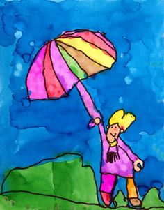 a drawing of a person holding an umbrella over their head while standing on top of a hill