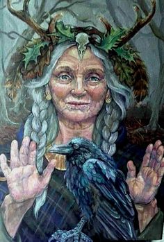 a painting of a woman holding a bird in front of her face with antlers on her head