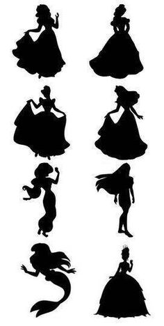 the silhouettes of disney princesses from various eras to their respective versions, all in black and white