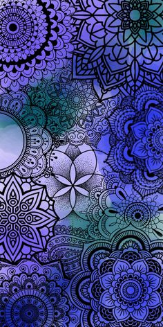 an artistic blue and purple background with many circular designs on it's surface, as well as flowers