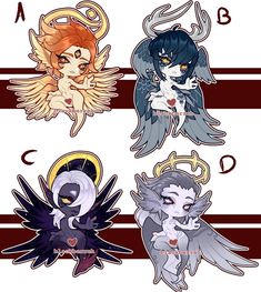 four different types of anime characters with wings on their heads and arms, all in different colors