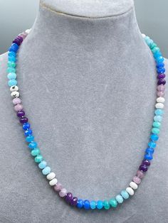 "Ready to Ship 6mm Gemstone Ocean Rainbow Beaded Necklace, Hand Knotted on Silk Jewelry, Layering, Customizable Length Boho Gem Necklace, Unique Gift for Her Gorgeous rainbow of ocean inspired colors, hand knotted on silk with gold filled clasp. Bead colors may vary from strand to strand.  Beads: 6 mm  Length: 18\" Silk: lilac Clasp: 14k gold filled large lobster clasp I am dedicated to shipping your order as soon as possible. Ready to ship pieces will be sent out within 1-3 business days. Usual Healing Single Strand Round Bead Gemstones, Spiritual Round Beads Single Strand Gemstones, Ocean Rainbow, Rainbow Beaded Necklace, Jewelry Layering, Silk Jewelry, Gem Necklace, Rainbow Beads, Ocean Inspired