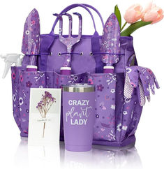 the purple bag is next to two pink tulips and a greeting card with an inscription that says crazy plant lady