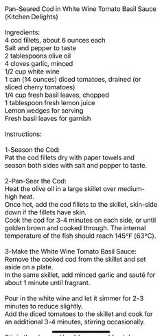 the instructions for how to make white tomato basil sauce in one sheet of paper,