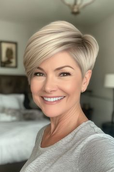 Click for More ➡️ | Save for Later ❤️A sleek, tapered pixie cut with ash blonde tones provides a modern, clean finish. The subtle graduation at the nape adds structure and dimension. (Ash Blonde Tapered Pixie - Short Pixie Haircuts For Older Women)