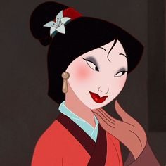 an animated image of a geisha woman with red lips and black hair, holding her hand to her face