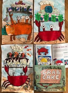 four children's books about crab cakes with pictures of crabs on them and an open book