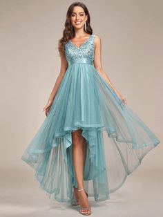 Sleeveless Sequin Ribbon Waist Tulle High Low Evening Dress #color_Dusty Blue High Low Dress Formal, High Low Evening Dresses, High Low Bridesmaid Dresses, High Low Prom Dress, High Low Prom Dresses, Prom Dresses Sleeveless, Ever Pretty, Chiffon Dress Long, Full Length Dress