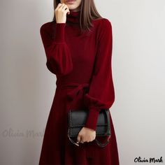 Olivia Mark - Knit Sweater Dress - Perfect Layering Piece with High Neck for Versatile Winter Outfits Layering With Turtlenecks, Coat And Dress, Dress With High Neck, Suits Office, Beige Coat, Maxi Knit Dress, Knit Sweater Dress, Knee Length Dresses, Collar Dress