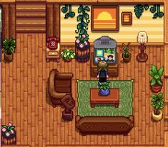 an overhead view of a living room in the nintendo game animal crossing, with furniture and plants