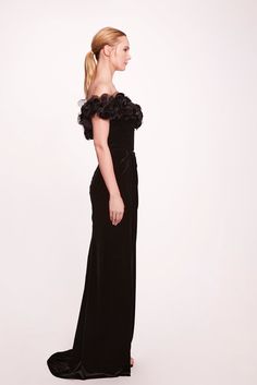 Hand draped velvet gown with floral shoulder detail – HerTrove Velvet Ruched Dress For Gala, Ruched Velvet Gala Dress, Ruched Velvet Evening Dress, Evening Velvet Dress With Ruffles, One-shoulder Velvet Evening Dress, One Shoulder Velvet Evening Dress, Elegant Velvet Dress With Ruffles, Fitted Velvet Dress With Ruffles For Evening, Elegant Velvet One-shoulder Dress