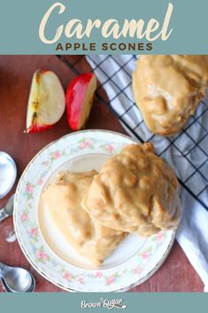 caramel apple scones on a plate with spoons and apples in the background