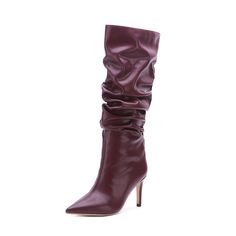 Material: Vegan Leather Toe Style: Pointed Toe Heel Style: Stiletto Heel Closure Type: Slip-On Heel Height: 4.33 inches (11 cm) Boot Shaft Height: 7.09 inches (18 cm) Top Shaft Circumference: 15.75 inches (40 cm) Calf Circumference: 14.96 inches (38 cm) Ankle Circumference: 11.81 inches (30 cm) Fashion Element: Slouch Boots Pattern: Solid Color Colors: Burgundy, Apricot, Coffee, Black Burgundy Fitted Heeled Boots For Party, Elegant Burgundy Party Boots, Flat Prom Shoes, Boots Pattern, Black Flat Boots, Fold Over Boots, Slouch Boots, Boots Patterns, Gogo Boots