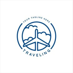 the logo for traveling with an airplane flying over it and clouds in the sky above