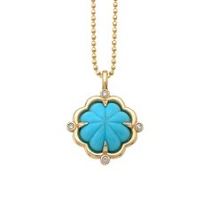 Item's measurements: Height: 21,9 mm Width: 17,3 mm  Diamond color: G Diamond clarity: VS Adjustable Turquoise Flower Pendant Jewelry, Yellow Gold Flower-shaped Gemstone Necklace, Bohemian Turquoise Flower Pendant Necklace, Turquoise Flower-shaped Jewelry With Flower Charm, Turquoise Flower-shaped Jewelry With Matching Earrings, Gold Flowers, Diamond Clarity, Flower Necklace, Colored Diamonds