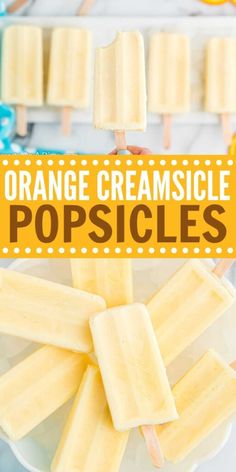 orange creamsice popsicles on a plate with the title overlay reads, orange creamsice popsicles