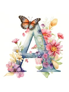 the letter a is decorated with flowers and butterflies