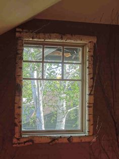 an open window in the corner of a room with vines growing out of it and trees outside