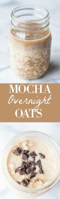 an oatmeal in a glass jar with chocolate chips on top and the words mocha overnight oats above it