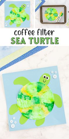 coffee filter sea turtle craft for kids with watercolors and paper plates on the table