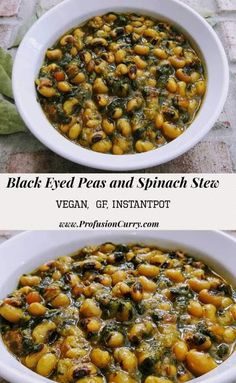 black eyed peas and spinach stew in a white bowl on top of a table