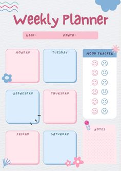 the weekly planner is shown in pink and blue