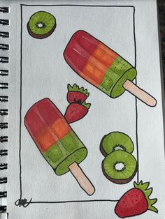 a drawing of two popsicles with strawberries and kiwis on them next to donuts