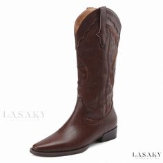 Lasaky - Western-style Cowhide Boots with Square Toe, Chunky Heels, and Fleece-lined High Shafts in Color-block Design - Multiple Sizes Available Western Style Mid-calf Boots With Square Toe For Winter, Brown Boots For Ranch In Winter, Brown Winter Boots For Ranch, Winter Ranch Boots With Pointed Toe, Winter Mid-calf Boots For Ranch, Mid-calf Winter Ranch Boots, Western Brown Heeled Boots For Winter, Brown Snip Toe Heeled Boots For Winter, Cowhide Boots