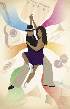 a man and woman are dancing in front of colorful music notes on a beige background