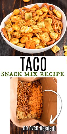 the recipe for taco snack mix in a bowl