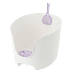 a purple and white toothbrush holder on a white background