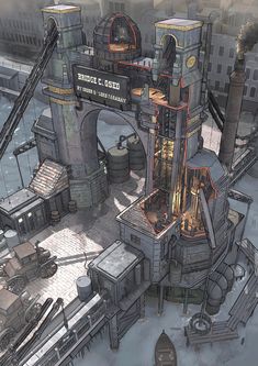 an artist's rendering of a futuristic city with large industrial buildings and smokestacks