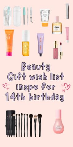 the words beauty gift wish list is displayed in front of an assortment of makeup products