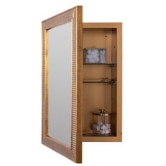 an open wooden medicine cabinet with glass doors