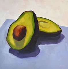 an oil painting of two avocados on a blue surface