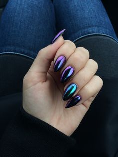 ✧ P I N T E R E S T || @jamaicamayy ✧ Purple Chrome Nails, Chameleon Nails, Coffin Nails Matte, Purple Acrylic Nails, Latest Nail Trends, Metallic Nails, Black Nail, Acrylic Designs, Matte Nails