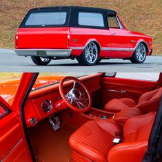 an old red car is parked on the side of the road with its door open