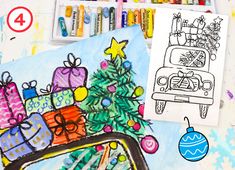 a drawing of a car with presents on it next to markers and crayons