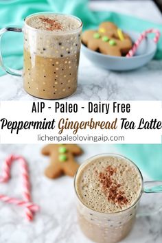 two mugs filled with peppermint gingerbread tea latte on top of a table