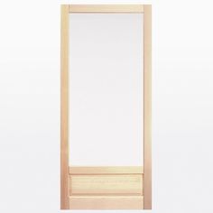 an open wooden door on a white background with the reflection of it in the glass