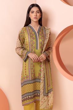 Green Silk Lawn Suit With Printed Motifs, Silk Unstitched Suit With Digital Print Long Sleeve, Multicolor Digital Print Lawn Suit For Work, Printed Silk Lawn Suit For Eid, Eid Silk Lawn Suit With Printed Details, Festive Silk Printed Lawn Suit, Printed Silk Sets With Long Sleeves, Silk V-neck Sets With Printed Motifs, Silk Lawn Suit With Floral Print For Summer