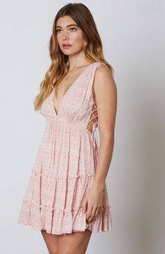 Blush Dress - Boho Print Dress - Lace-Up Dress - Mini Dress | Bohopink Floral Mini Dresses, Floral Dresses With Sleeves, Boho Print Dress, Blush Dress, Tiered Mini Skirt, Paisley Print Dress, Printed Summer Dresses, Floral Dresses Long, Boho Floral Dress