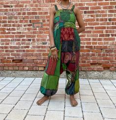 Unisex Bohemian Patchwork Overalls With Harem Design, 100% Cotton, Adjustable Straps, Pockets, Festival, Summer, Hippie, Concert - Etsy Casual Patchwork Jumpsuits And Rompers For Festival, Casual Patchwork Overalls For Festival, Casual Festival Overalls With Patchwork, Casual Sleeveless Patchwork Overalls, Casual Green Jumpsuits And Rompers For Festival, Multicolor Cotton Overalls With Patchwork, Bohemian Sleeveless Overalls With Pockets, Festival Patchwork Overalls, Green Cotton Jumpsuits And Rompers With Side Pockets